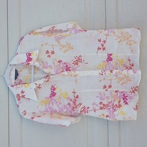 Lands End Ivory Pink Red Linen Top Floral Print Button Up Camp Shirt Women Sz 14